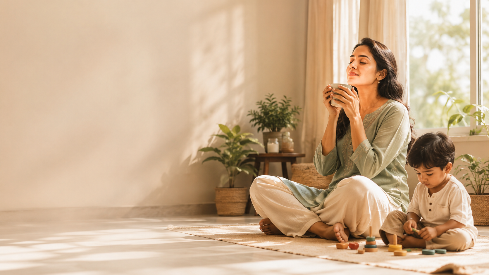A mother sitting on a rug with a warm cup of tea while her child plays with wooden toys in a sunlit room