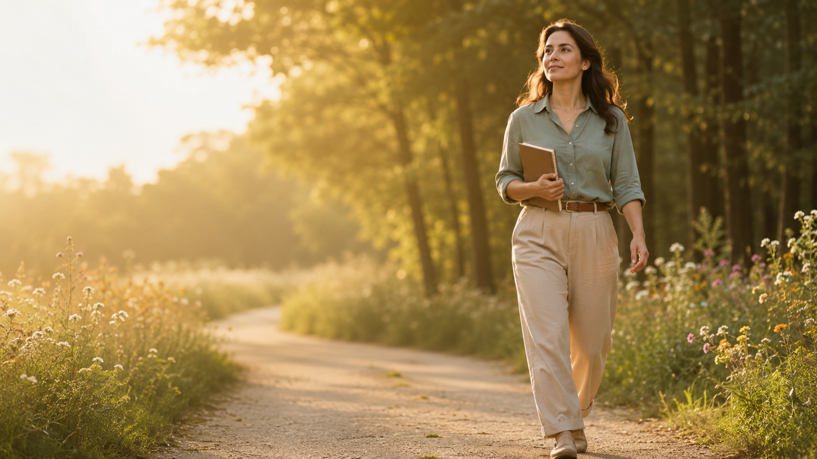 A woman walking a sunlit path through wildflowers at golden hour, holding a journal