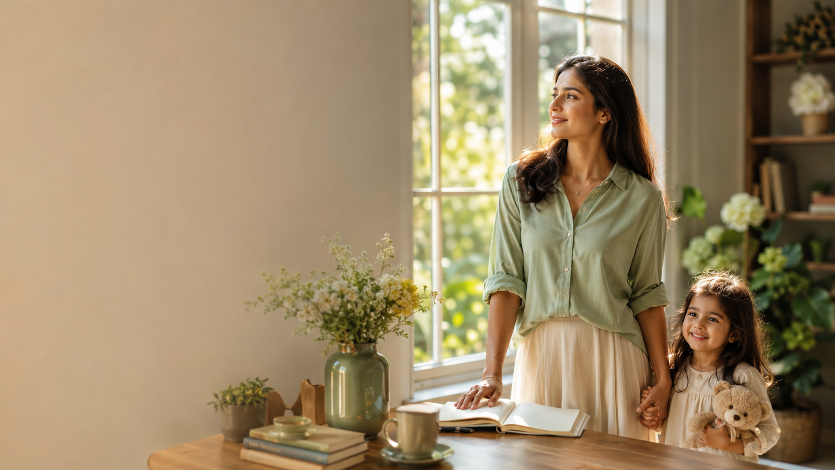 A mother standing by a sunlit window with a journal, tea, and flowers, holding her young daughter's hand