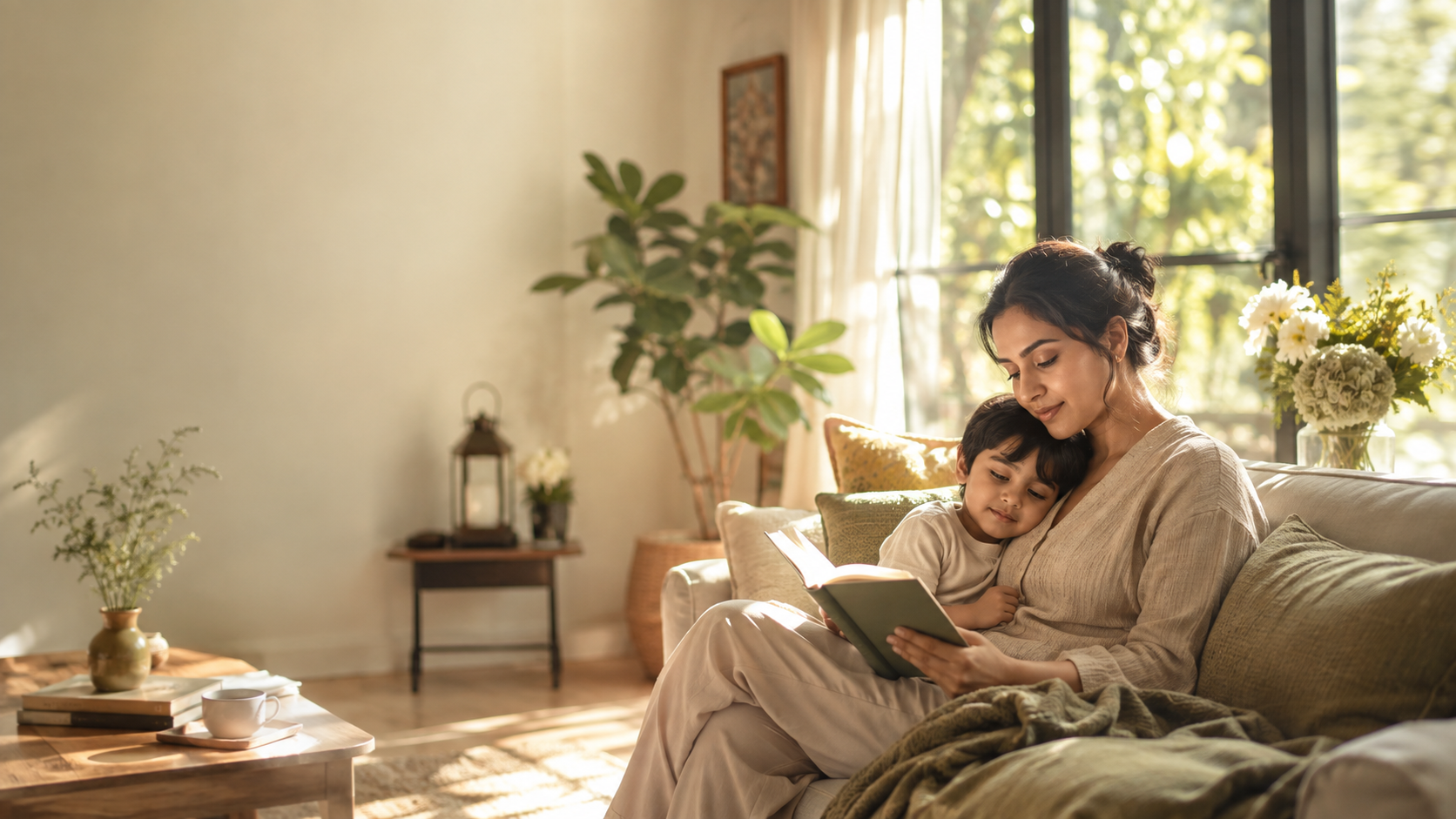 A mother reading a book with her child resting against her on a sunlit sofa in a calm living room