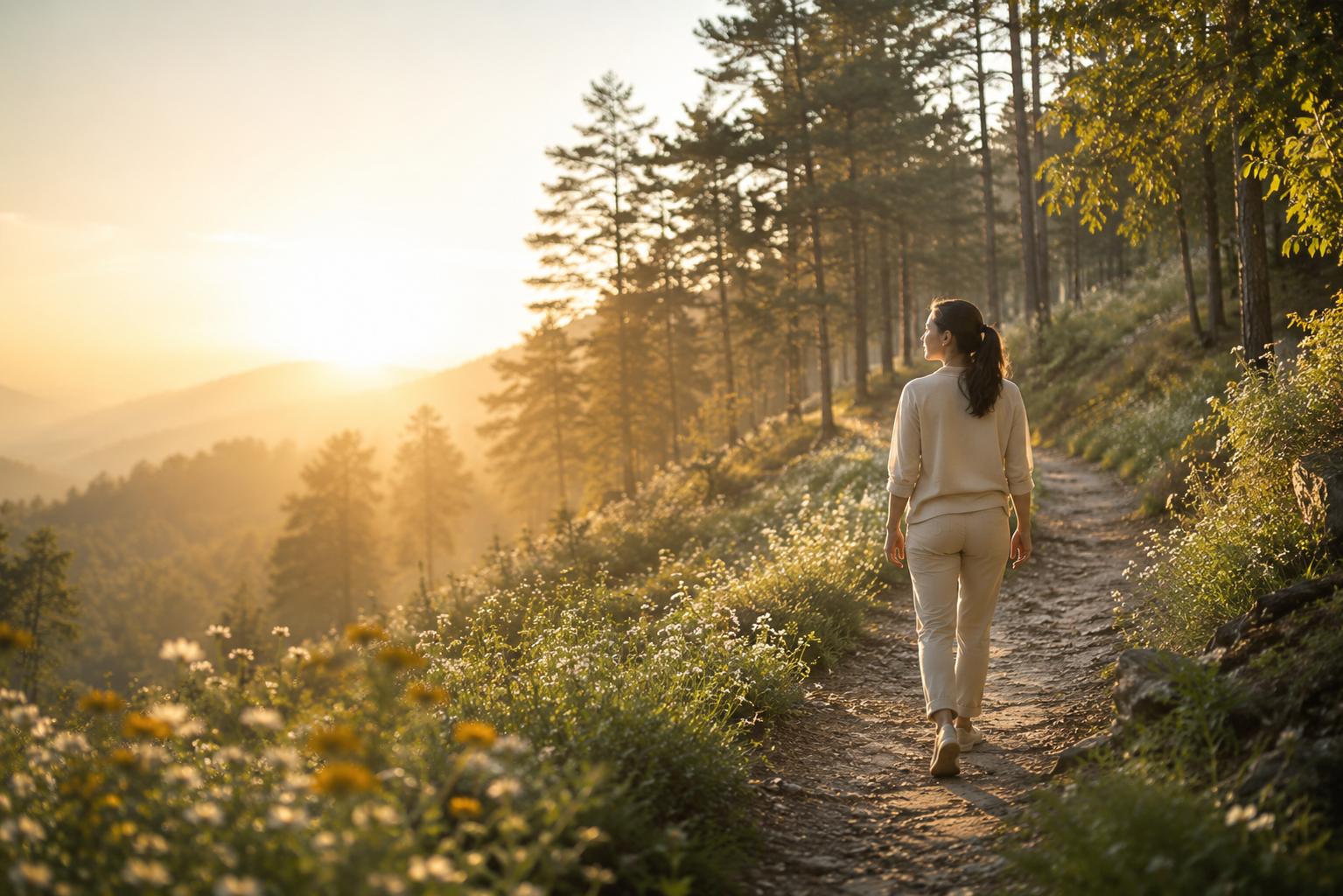 A woman walking a sunlit forest path toward a golden sunrise, surrounded by wildflowers