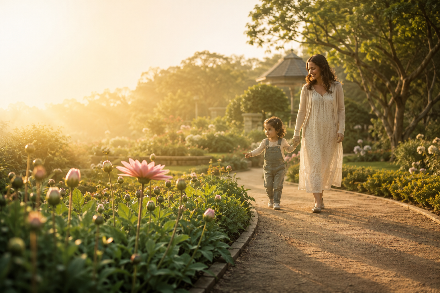 A mother and child walking together through a sunlit garden in full bloom