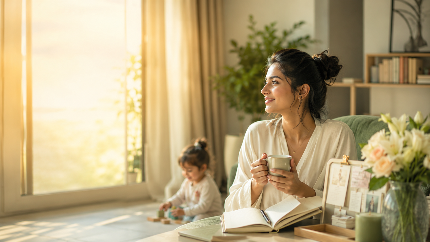 A mother holding a warm cup of tea by a sunlit window, journal open in front of her, while her child plays nearby