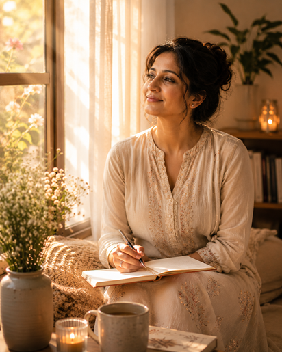 A mother sitting quietly by a sunlit window, journaling with a gentle smile