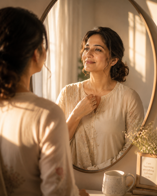 A mother smiling gently at her reflection in a mirror, bathed in warm morning light