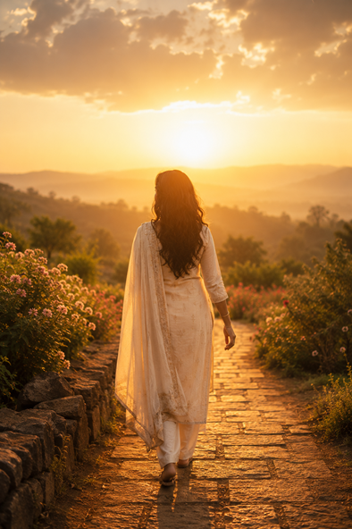 A woman walking barefoot along a stone path toward a golden sunrise, surrounded by flowers