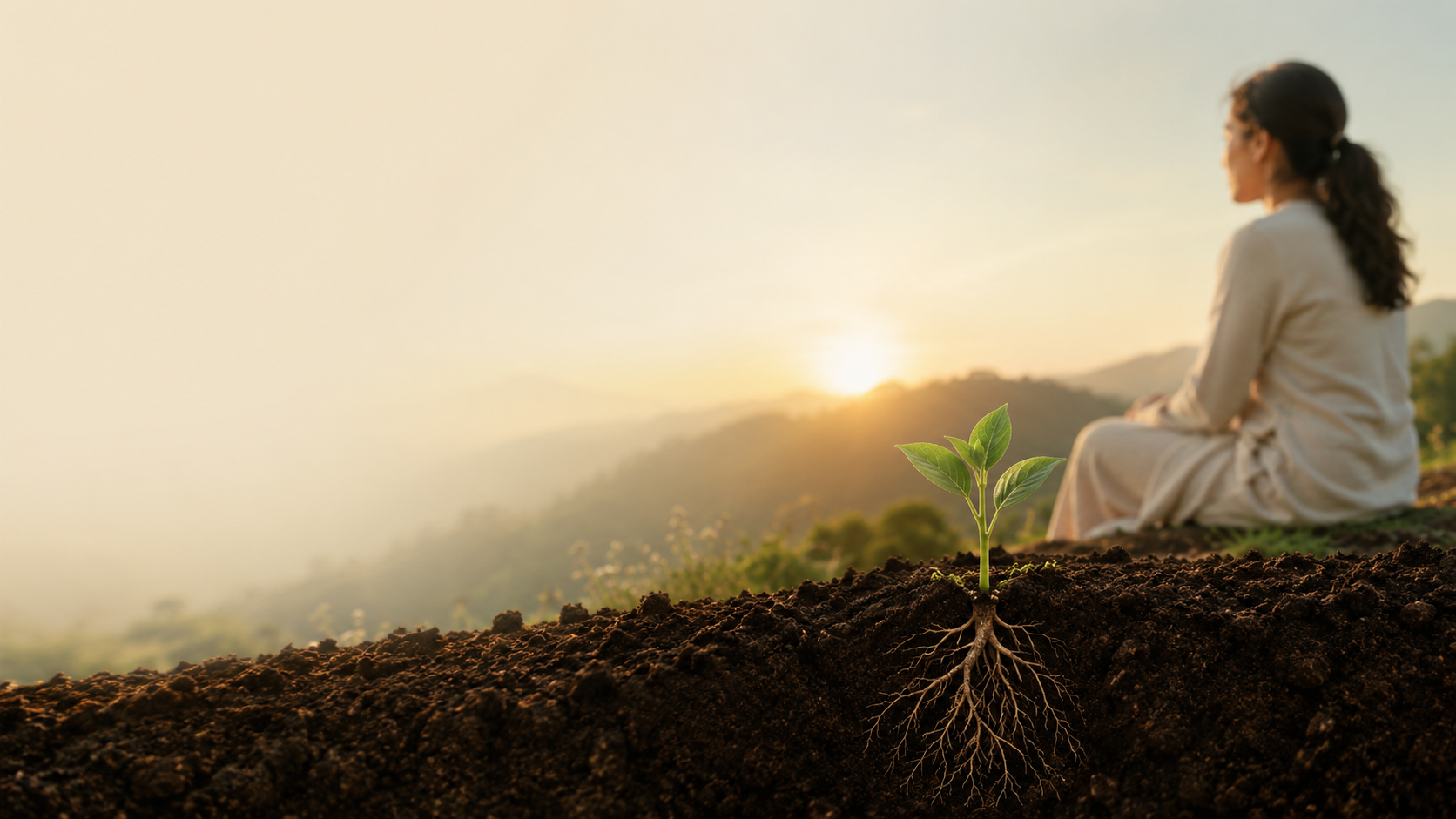 A small green seedling emerging from dark soil with spreading roots, as a woman watches the sunrise on a misty hillside